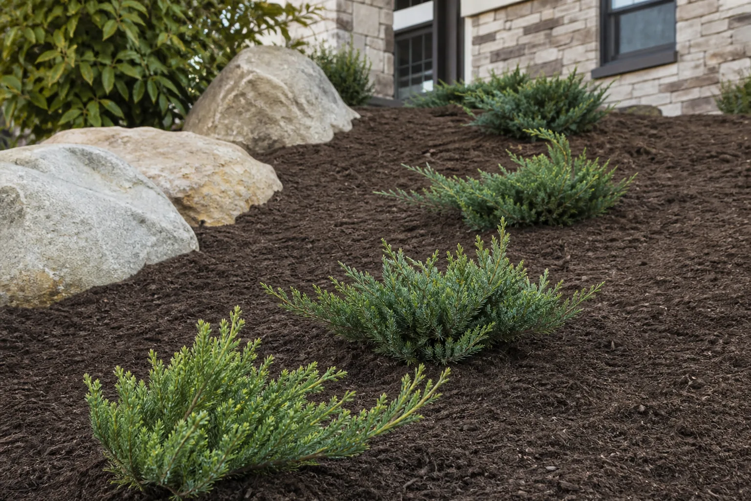 Young creeping juniper transplants spaced along a prepared hillside garden bed in early spring