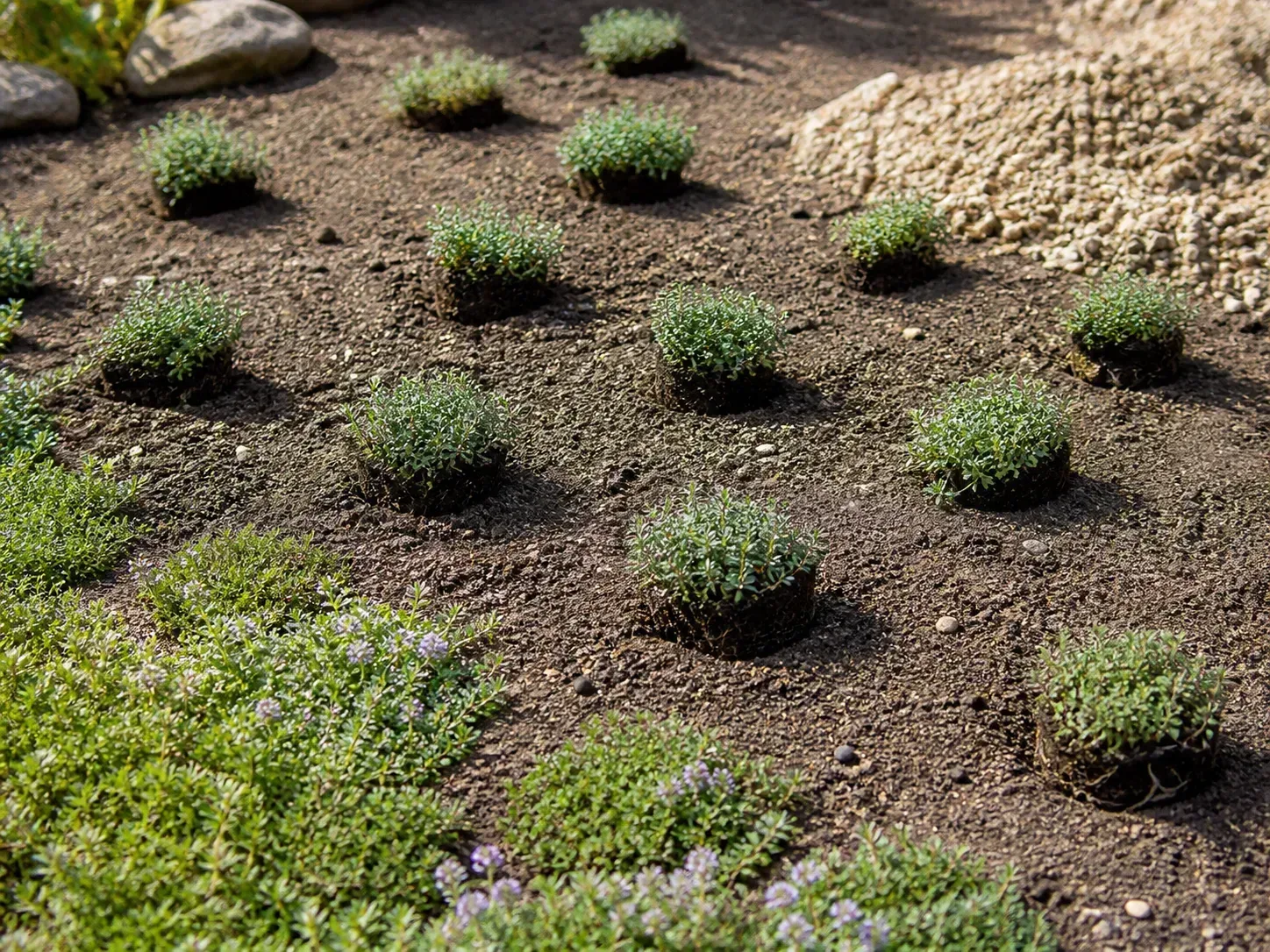 Creeping thyme plants spaced through a sunny, gravelly bed before they knit into a mat