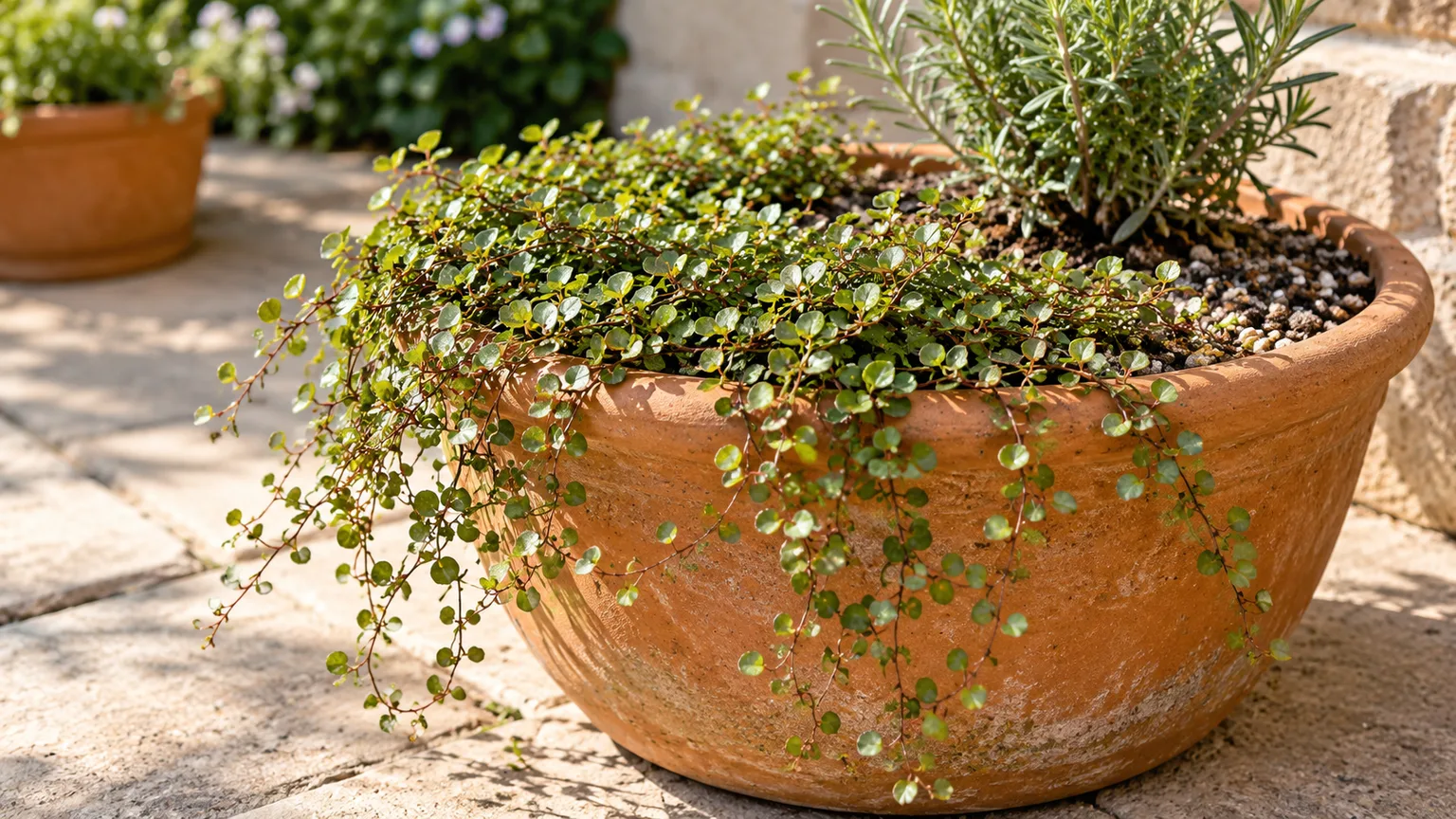 Creeping wire vine spilling over the edge of a well-drained patio container