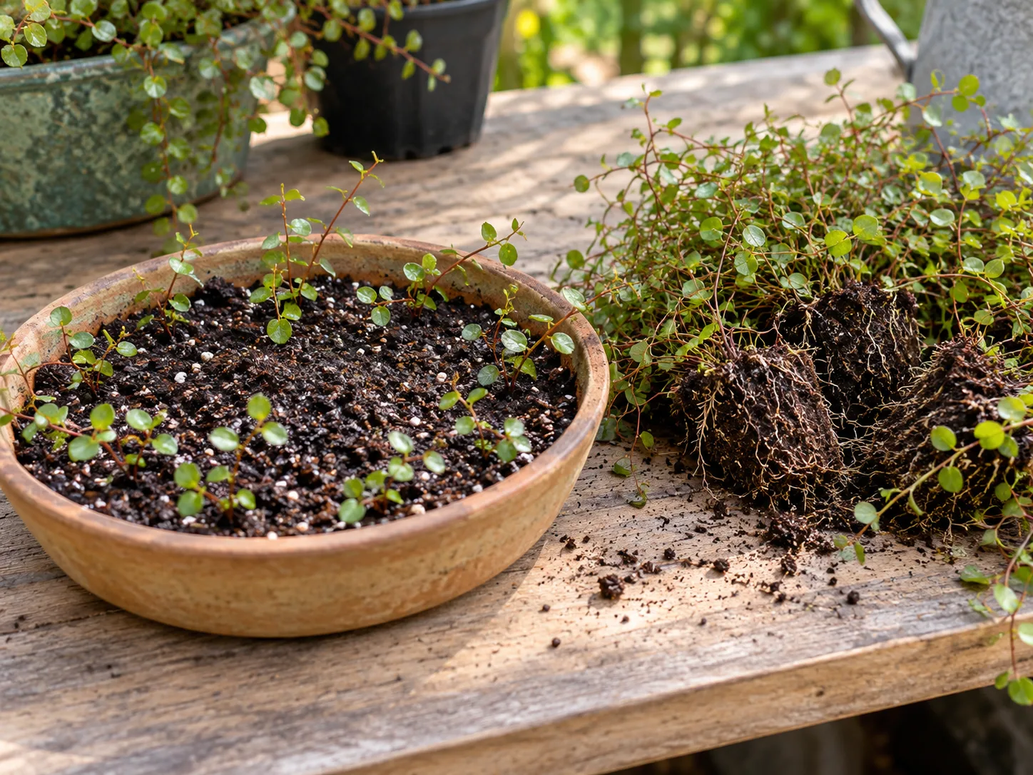 Healthy creeping wire vine stems, cuttings, and a free-draining propagation pot on a potting bench