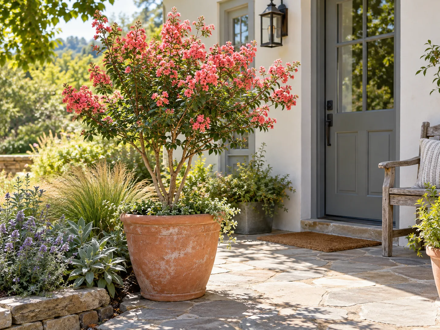 A compact crepe myrtle blooming in a large container beside a sunny patio entry