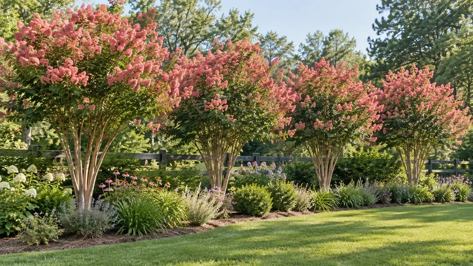 A loose row of mature pink-flowering crepe myrtles creating a seasonal garden screen