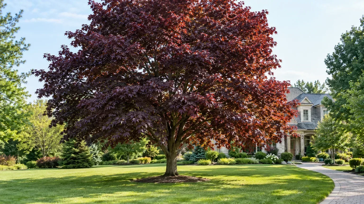 Young burgundy-leaved maple planted in a spacious lawn with clear room from paths and buildings