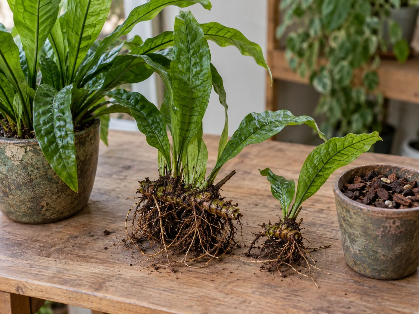 Crocodile fern rhizome division showing attached roots and a viable frond section.