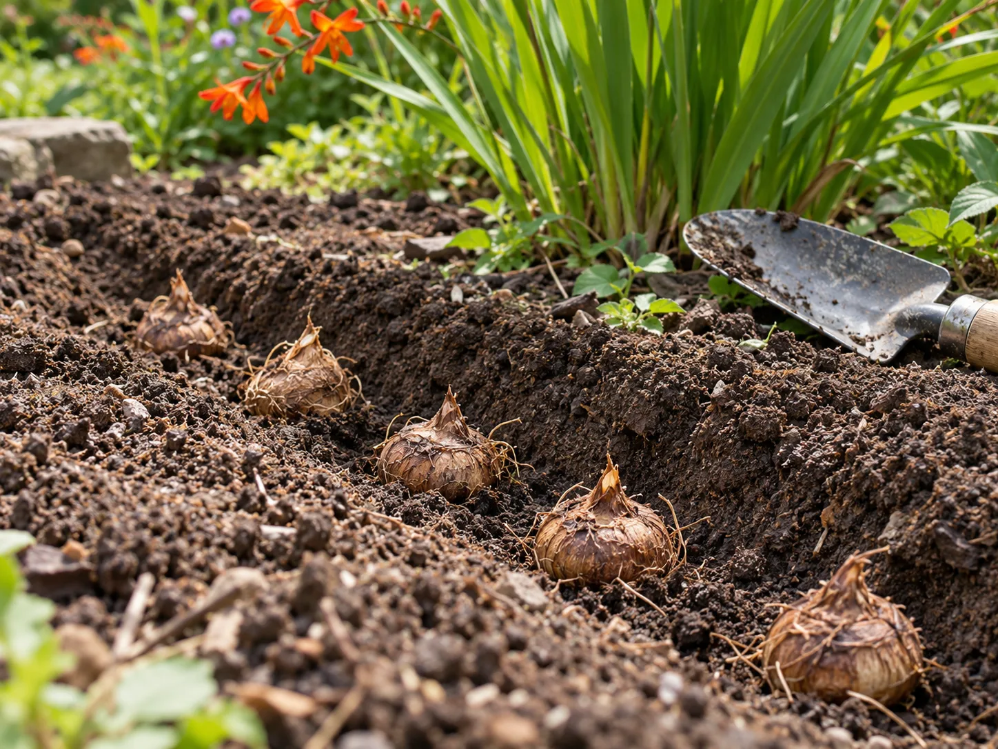 Crocosmia corms being set into a prepared garden furrow for spring planting