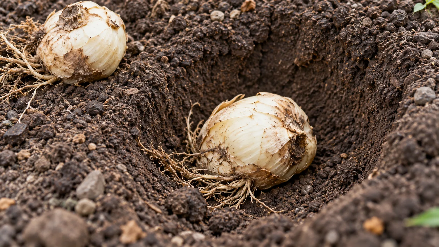 A crown imperial bulb laid on its side in a deep planting pocket of loose, well-drained soil