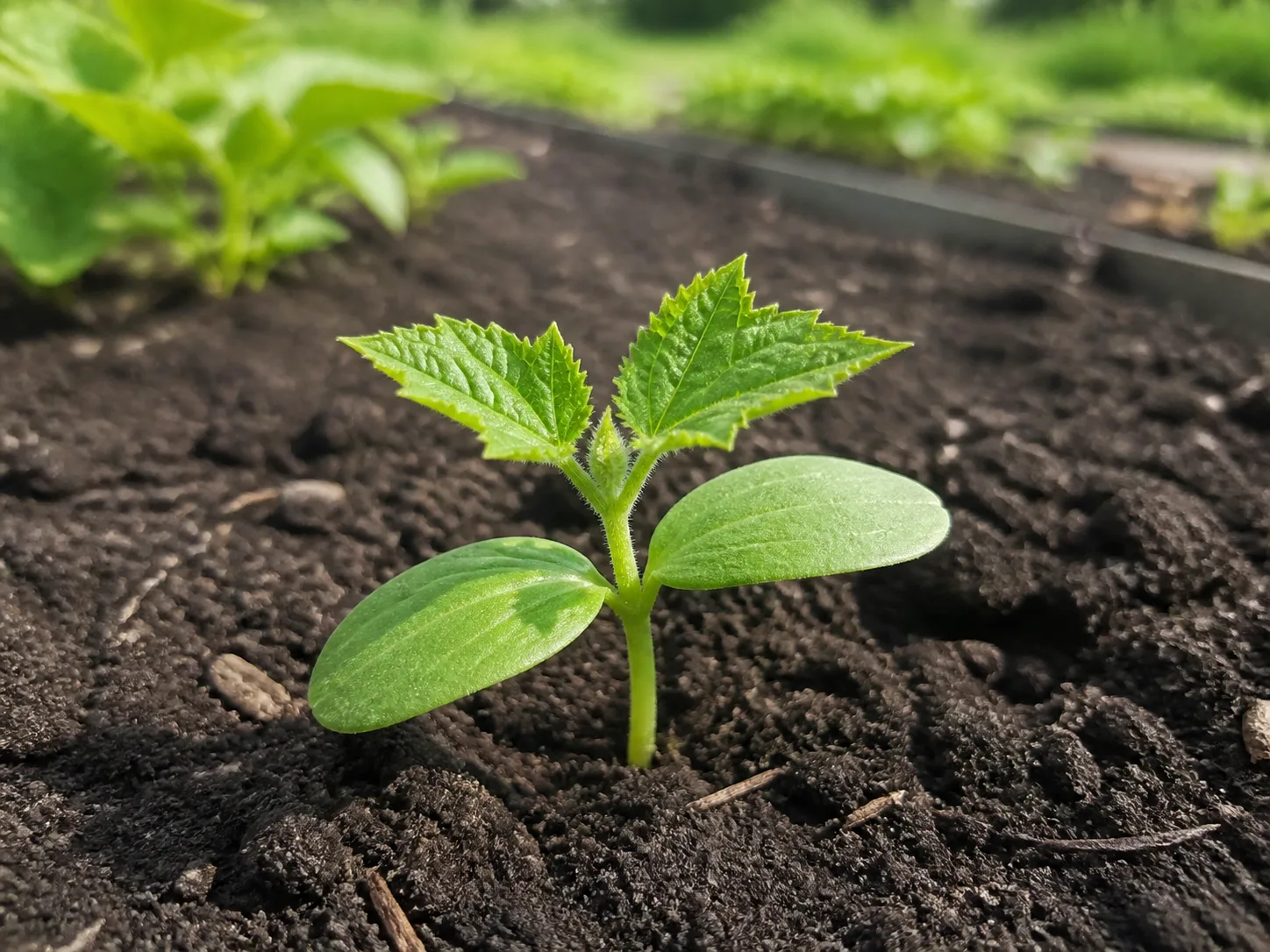 A cucumber seedling showing two rounded cotyledons and its first serrated true leaves