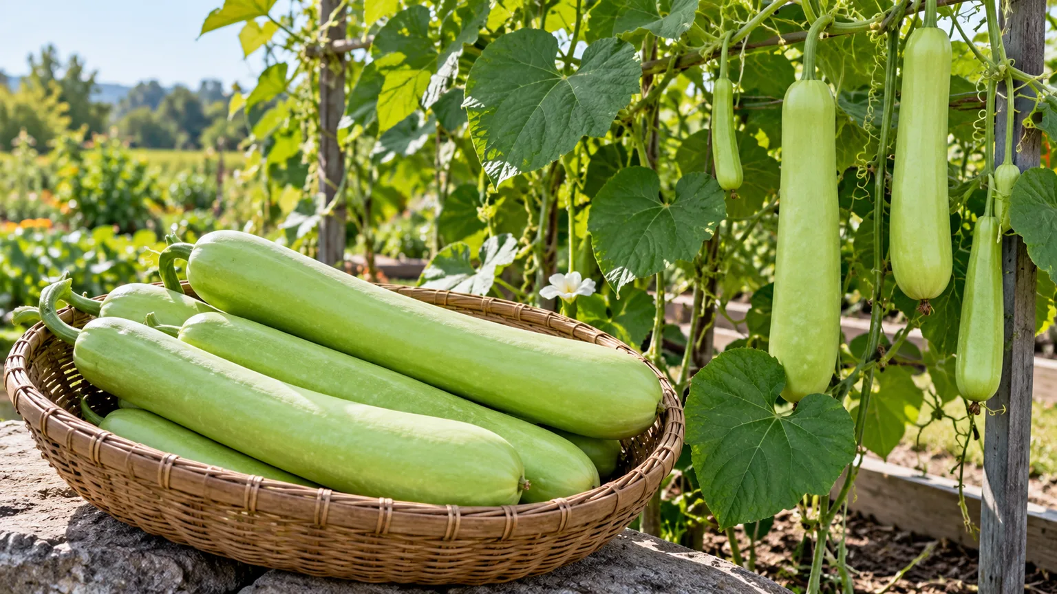 Tender pale-green cucuzza harvested for the kitchen before its skin hardens