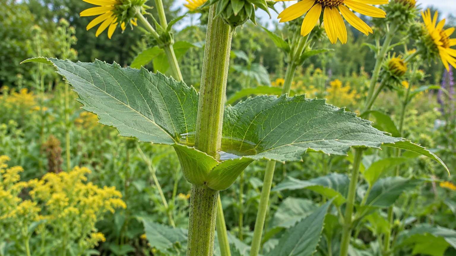 Opposite cup plant leaves join around the square stem to form a shallow rain-catching cup