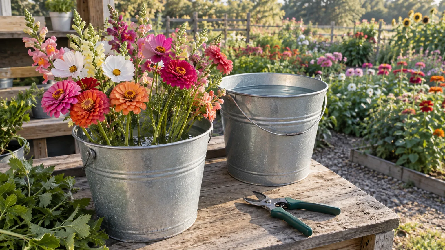 Fresh-cut zinnias and cosmos stand in clean water beside sharp snips at a backyard harvest station.