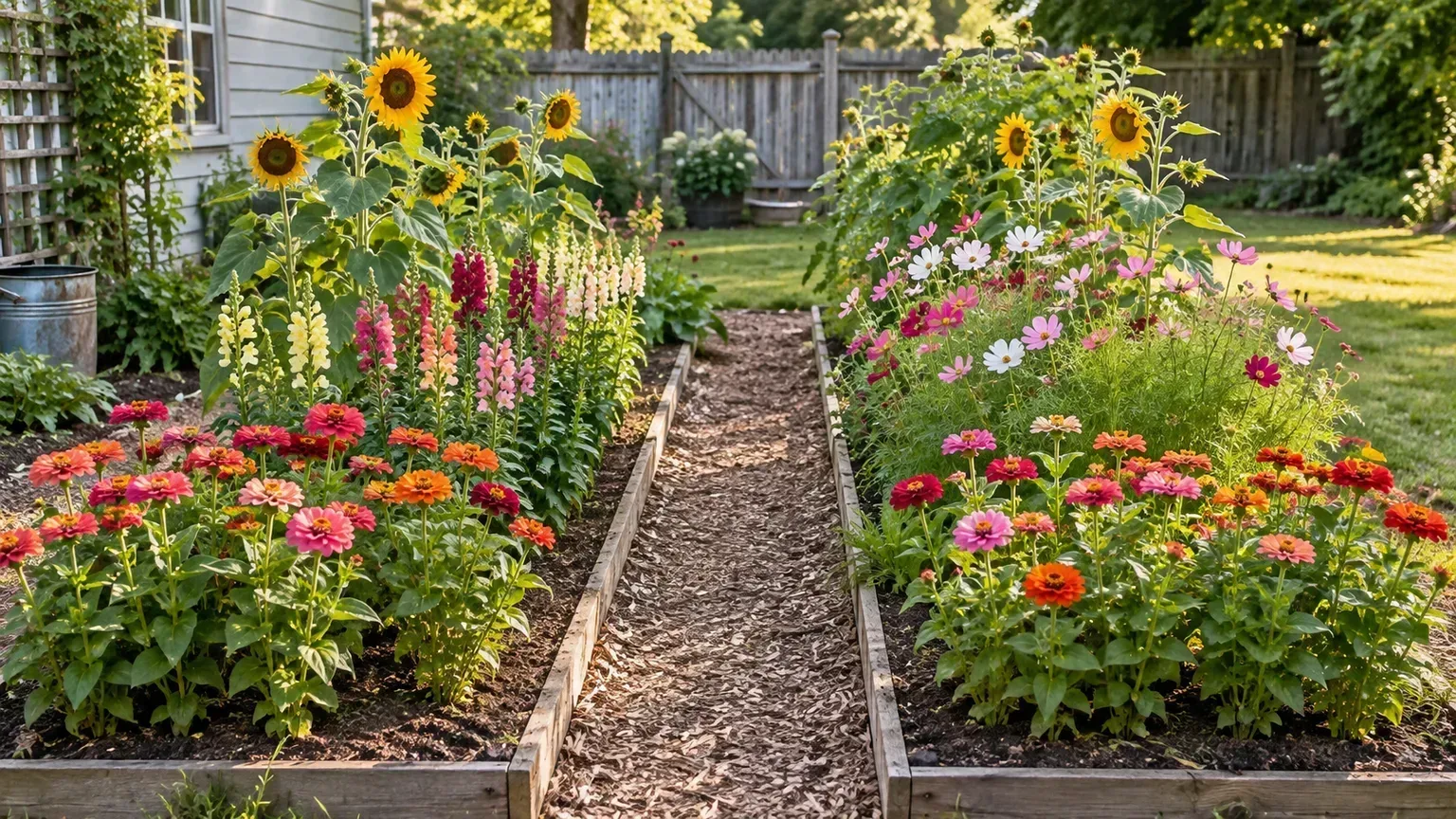 A compact cut flower garden with two narrow beds, accessible rows, and a clear path between them.