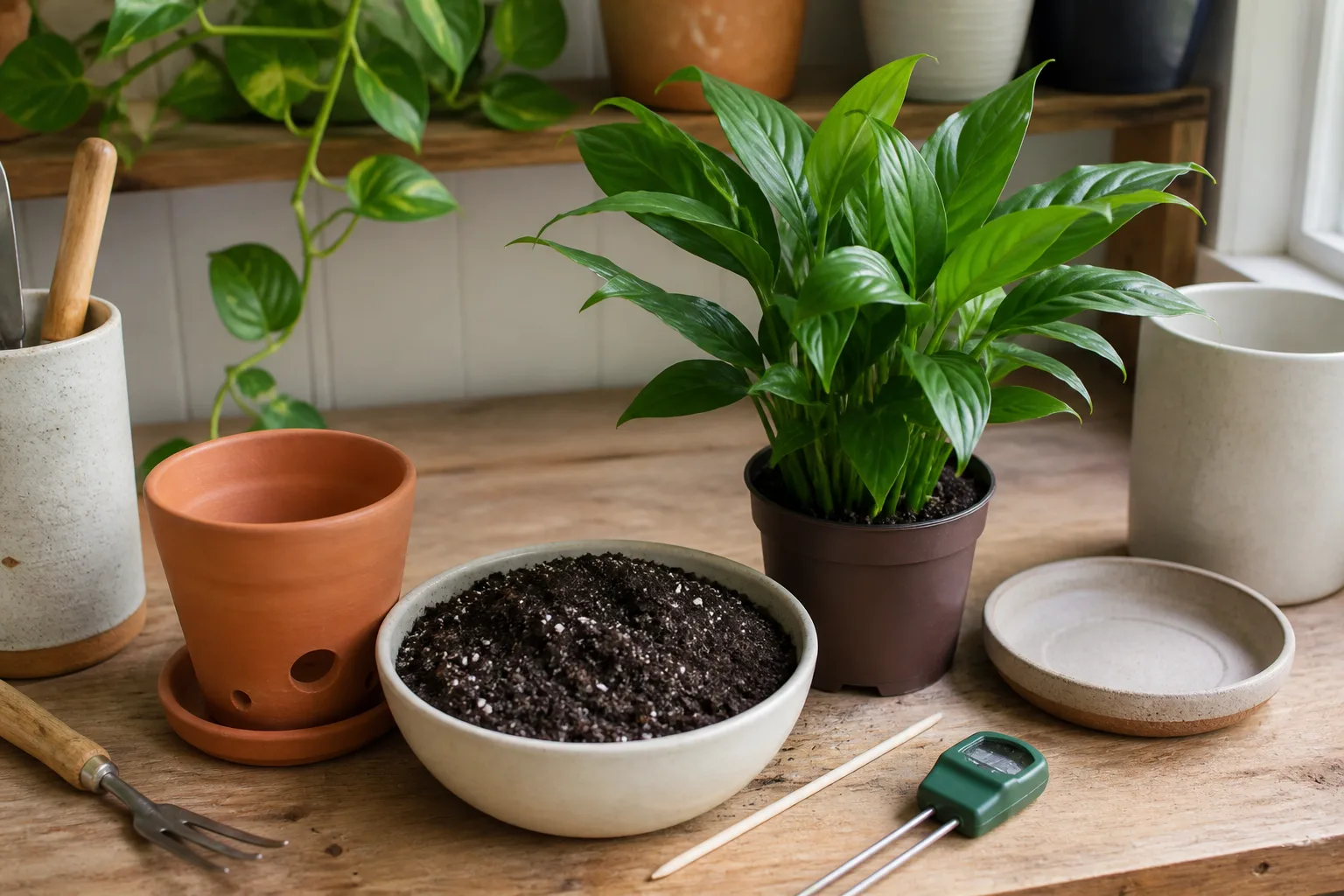 Well-draining houseplant pot and fresh mix setup that prevents standing water and future root damage