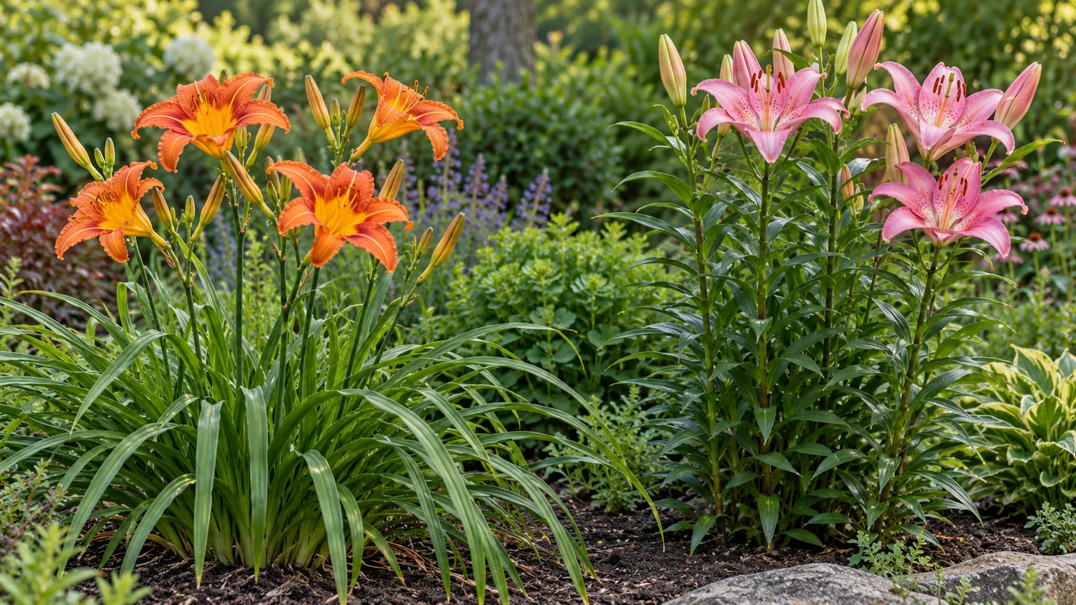 Daylilies with basal leaf fans beside true lilies with leafy flowering stems