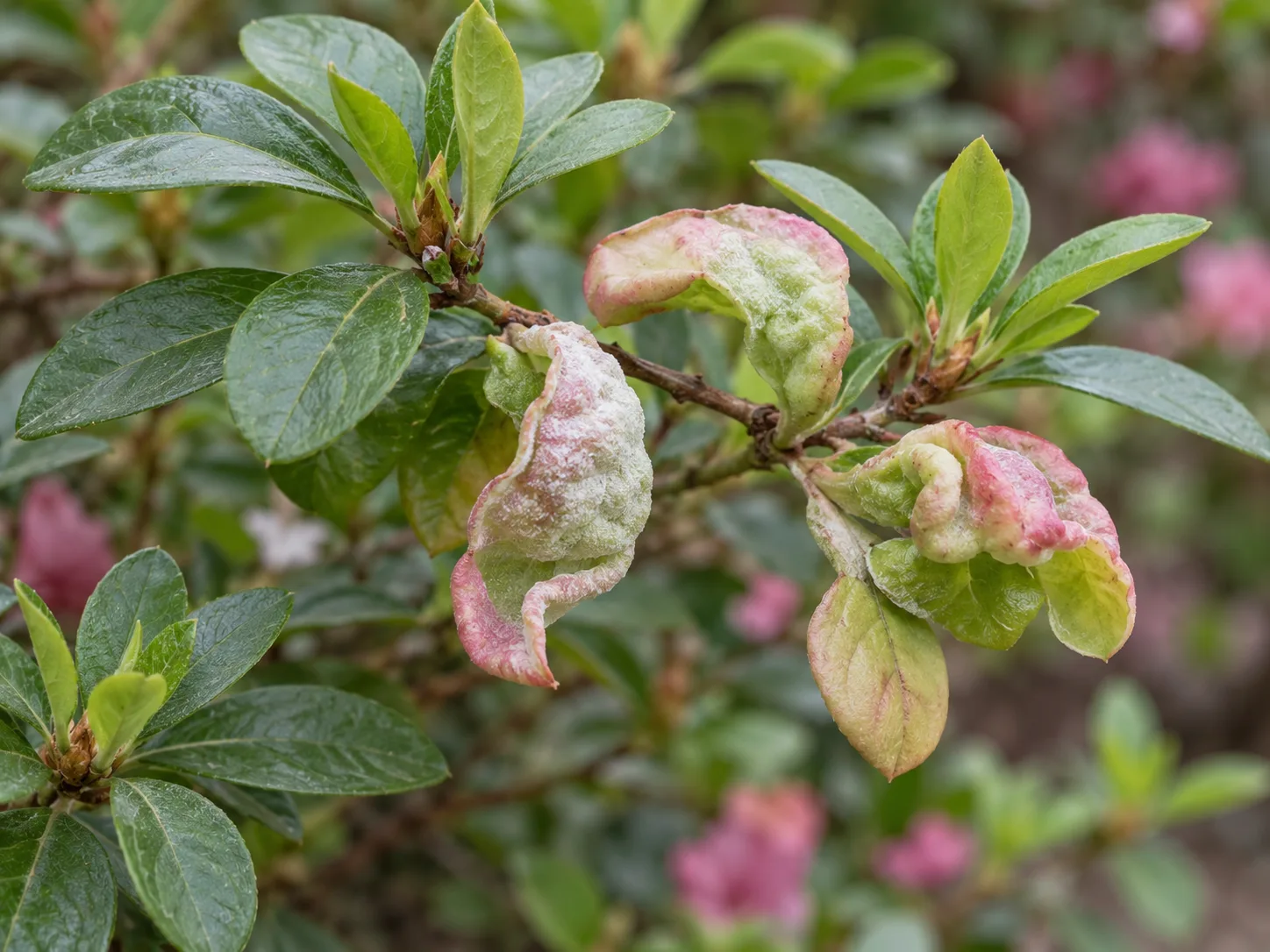 Thickened pale azalea leaves with an early white fungal gall surface among normal foliage