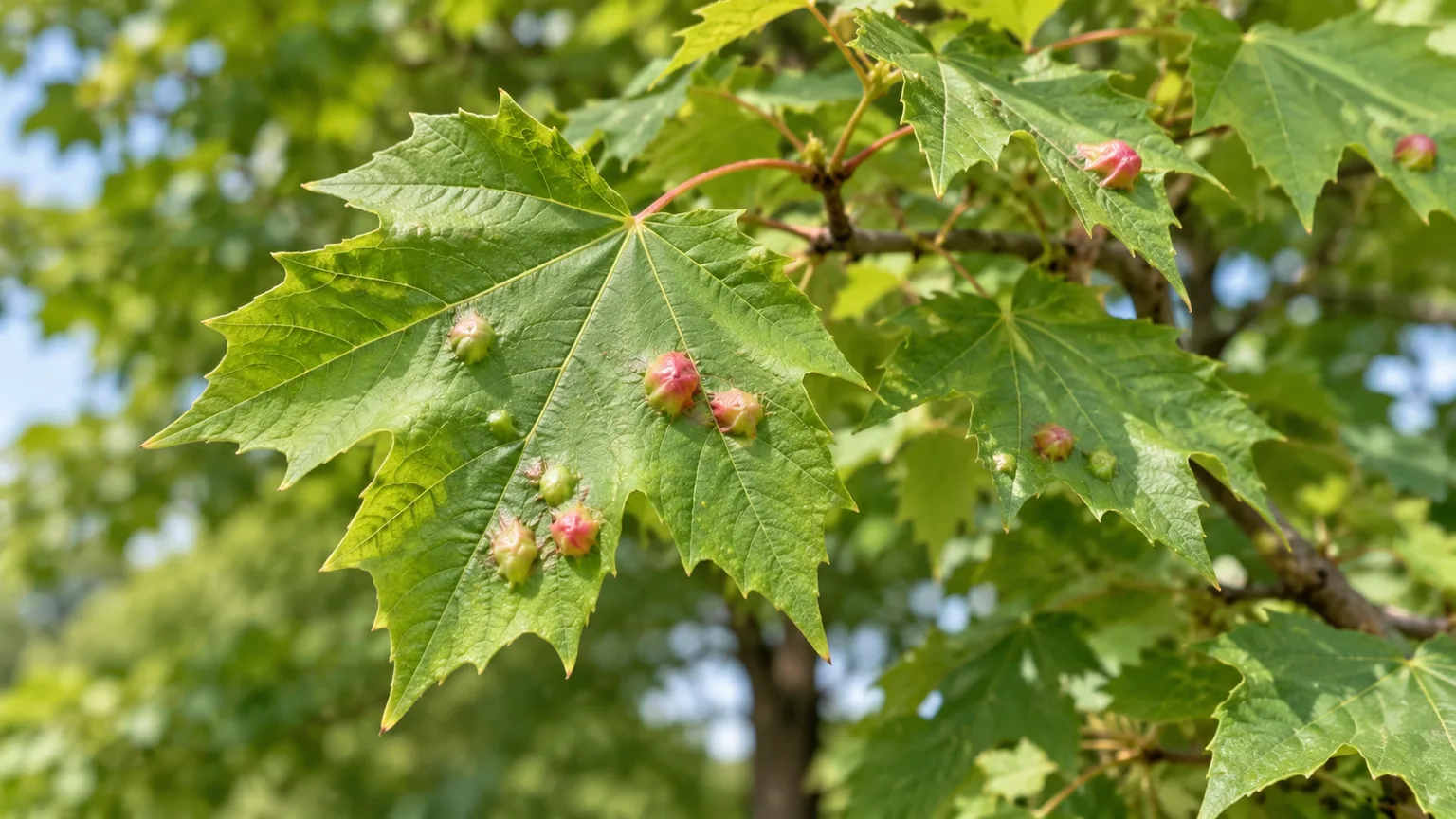 Maple leaves with small raised green and red galls in an outdoor canopy