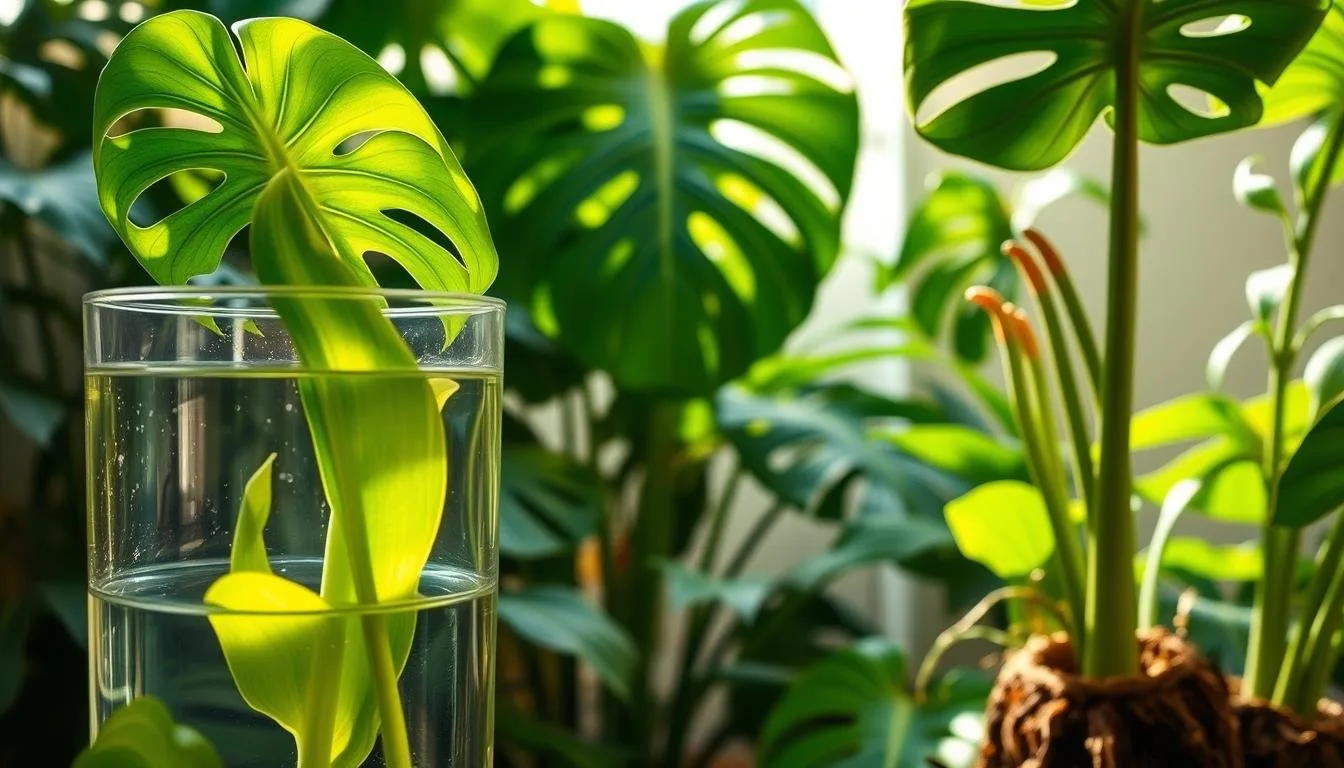 Monstera deliciosa stem cuttings rooting in water for propagation