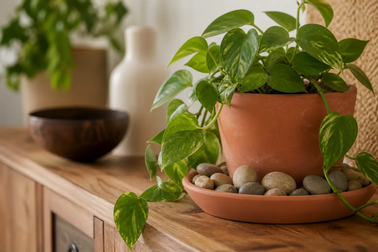 Terracotta pots and river pebbles beside layered green foliage on a plant-care shelf