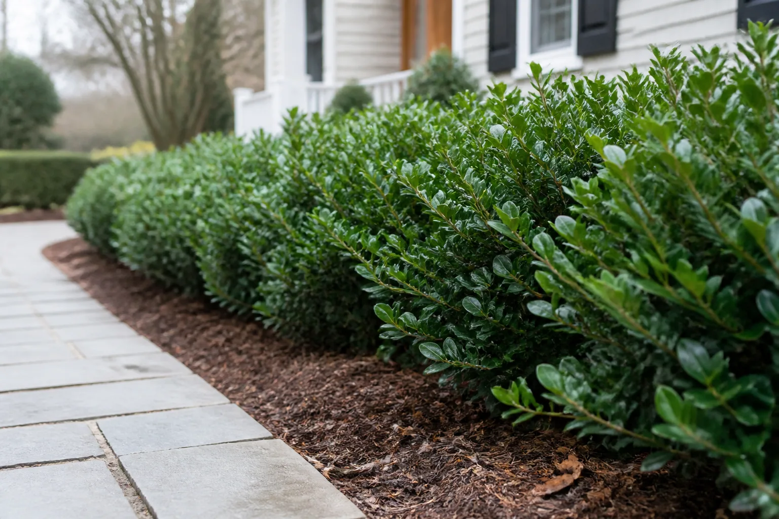 Dense evergreen hedge screening a backyard seating area from neighboring sightlines