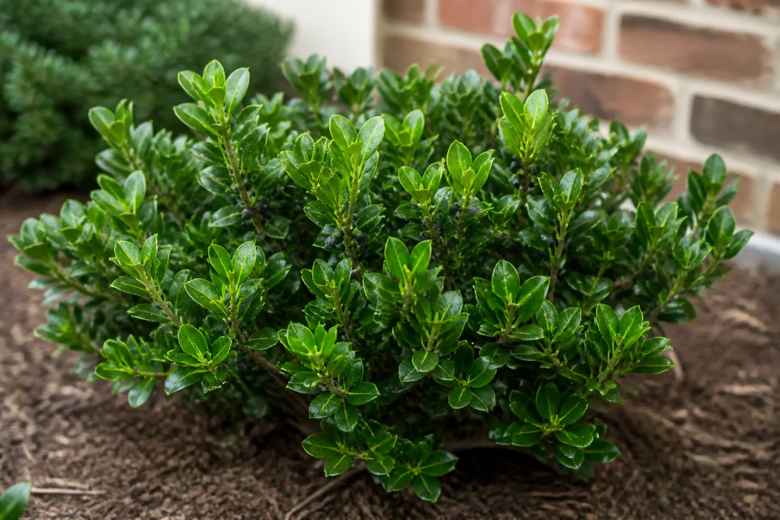 Compact inkberry holly shrub with glossy dark green leaves and black berries in a mulched landscape bed