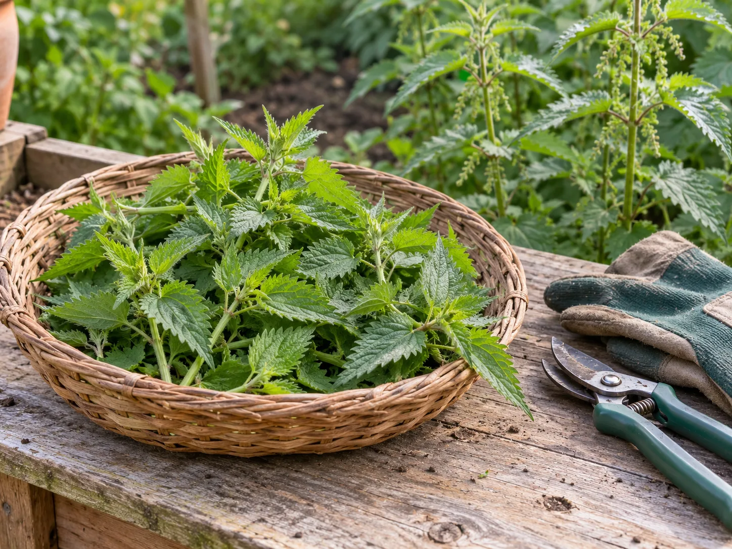 Young nettle shoots, gloves, and pruning shears ready for a careful harvest