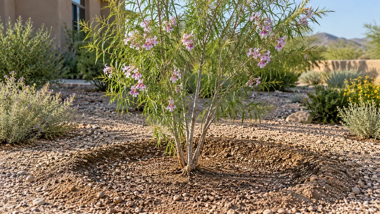 Young desert willow planted at the correct depth in a sunny, well-drained Southwestern garden