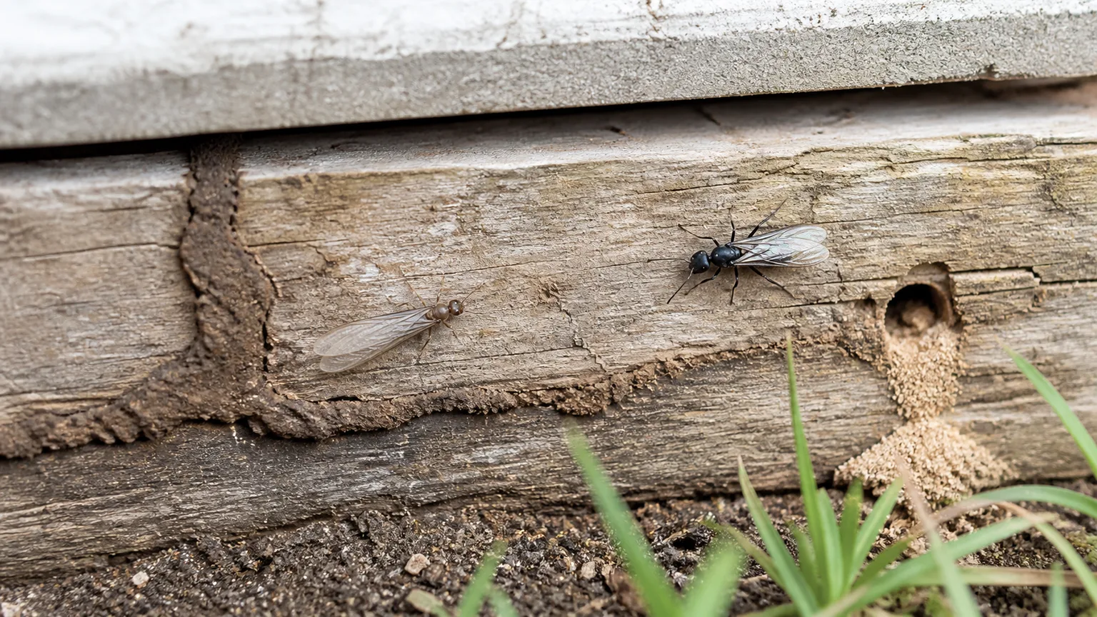 Winged termite and carpenter ant on weathered wood beside a mud tube and wood shavings