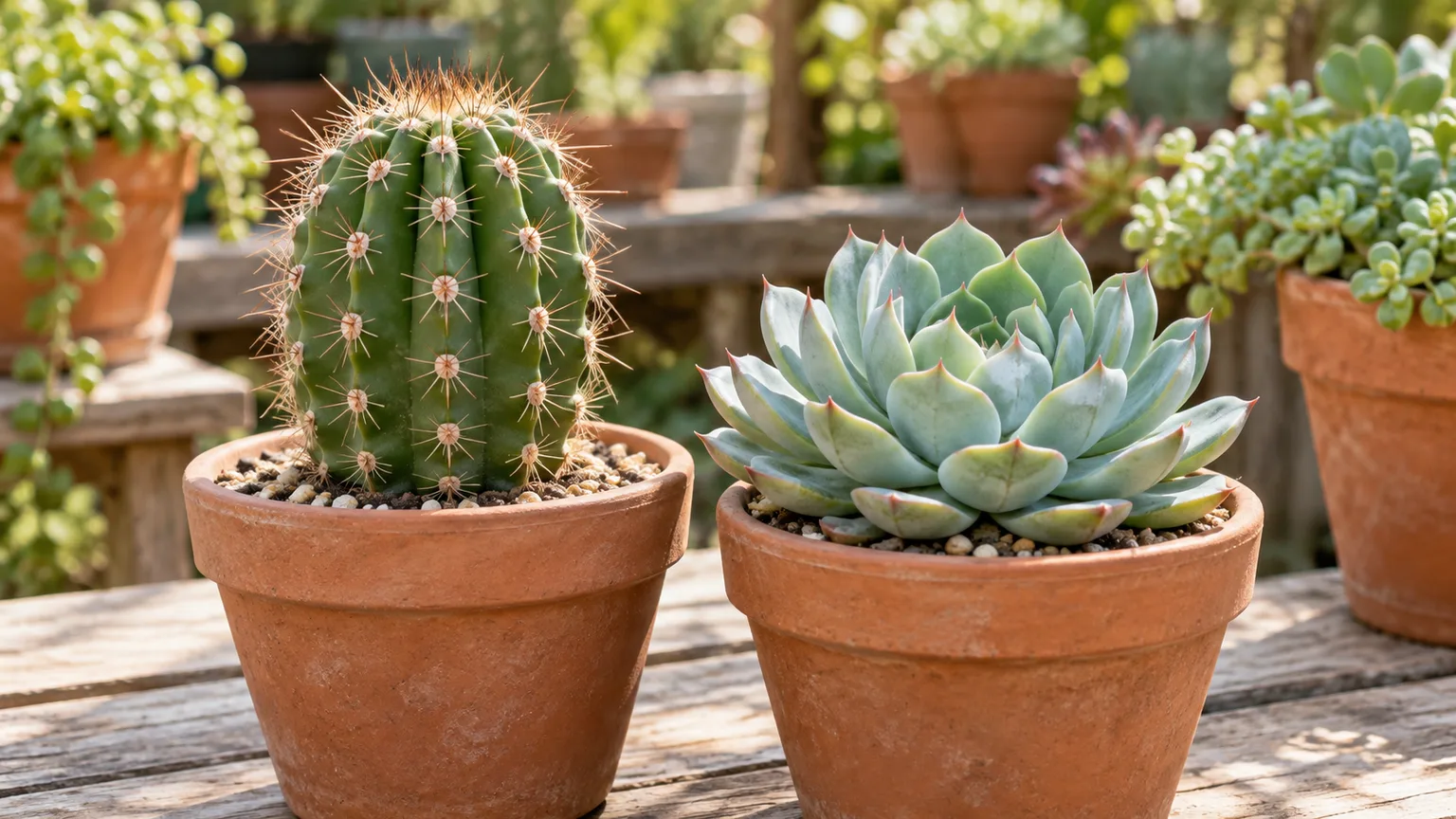 True cactus with visible areoles beside a fleshy Echeveria rosette in terracotta pots