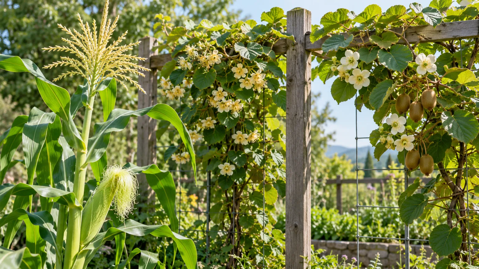 Corn tassel and ear silk on a single stalk beside flowering kiwifruit vines on a garden trellis