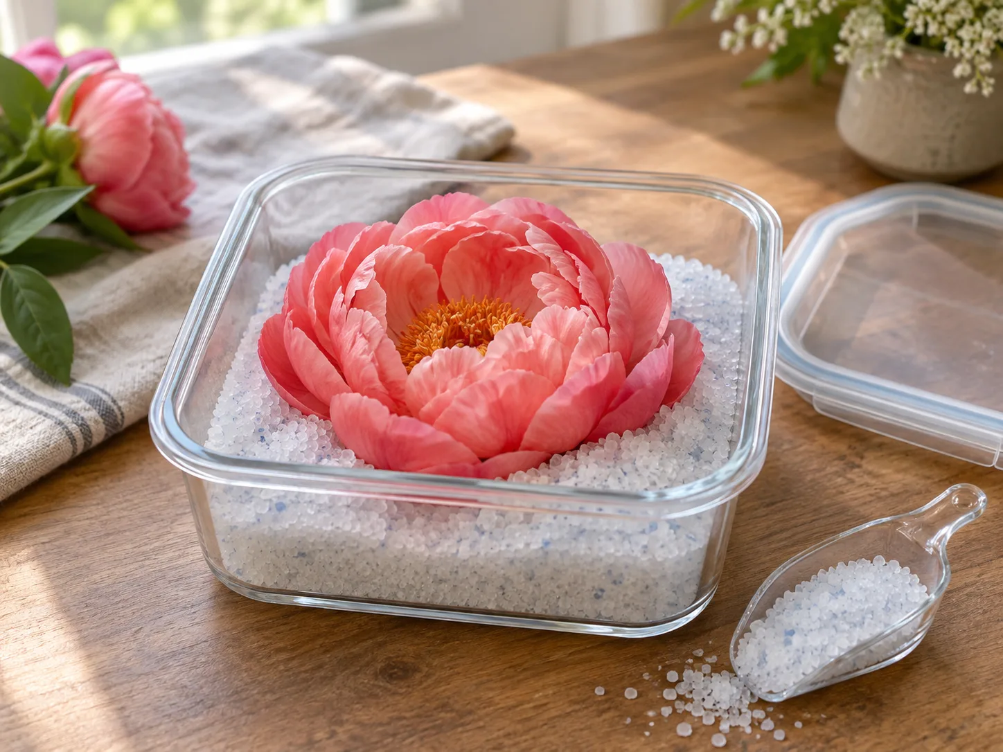 A coral peony supported by silica gel crystals inside a clear drying container