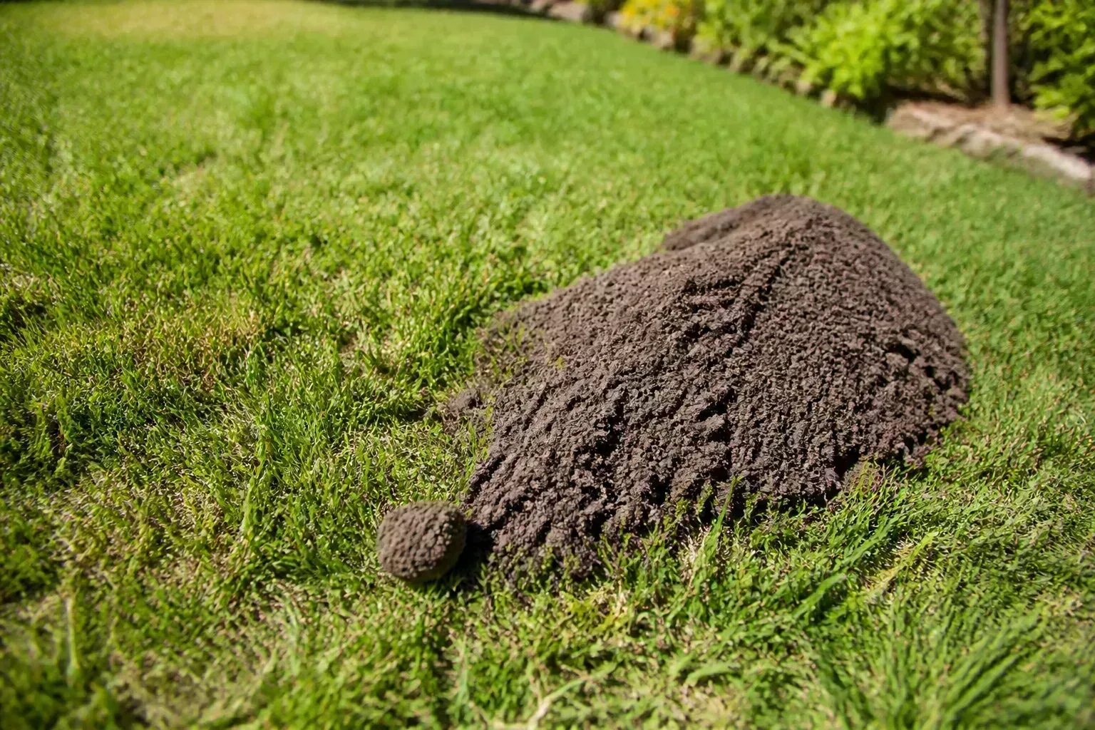 Crescent-shaped pocket gopher soil mound with offset plug on a green lawn