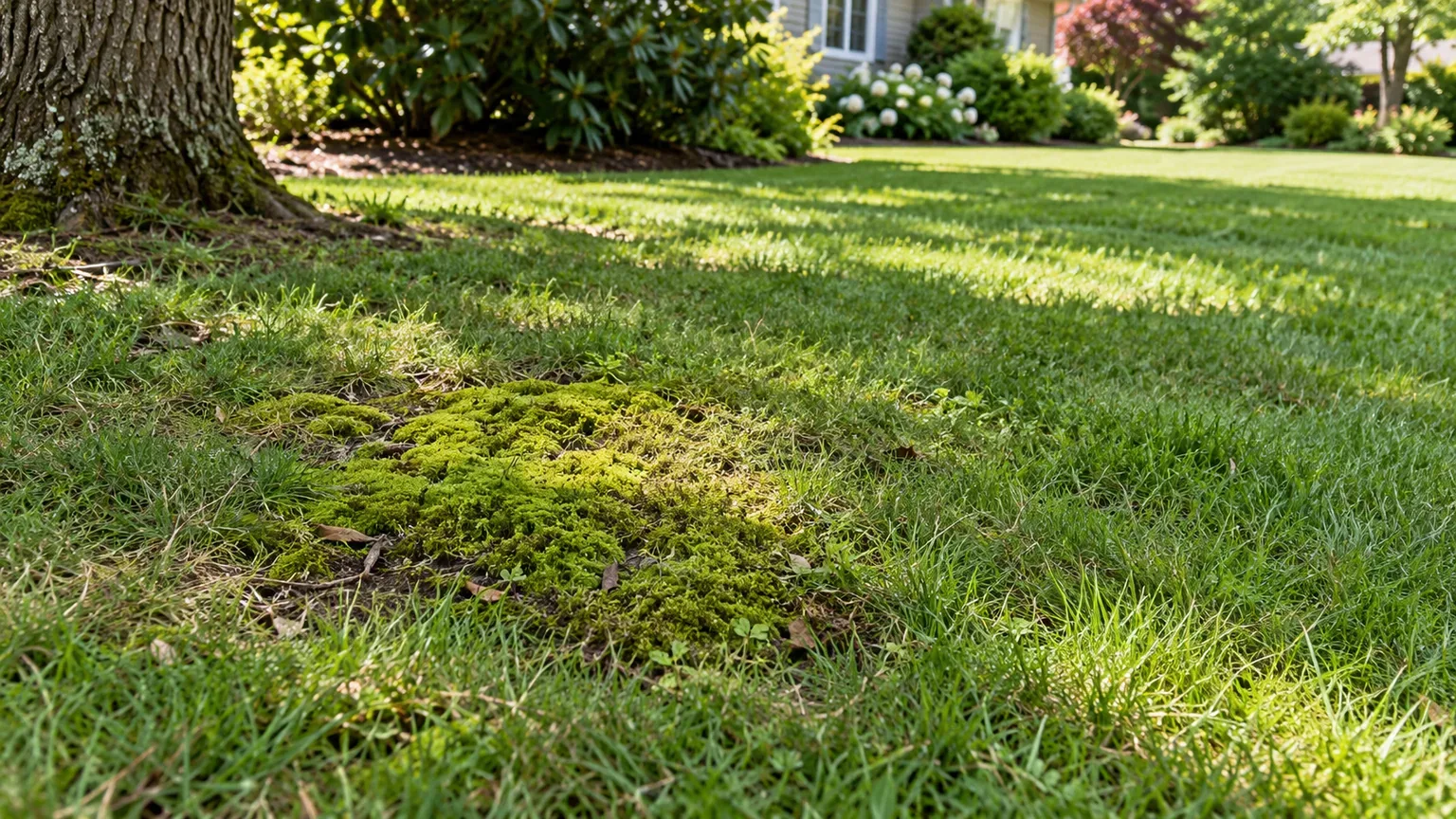 Moss growing through thin grass in a shaded lawn beneath a tree