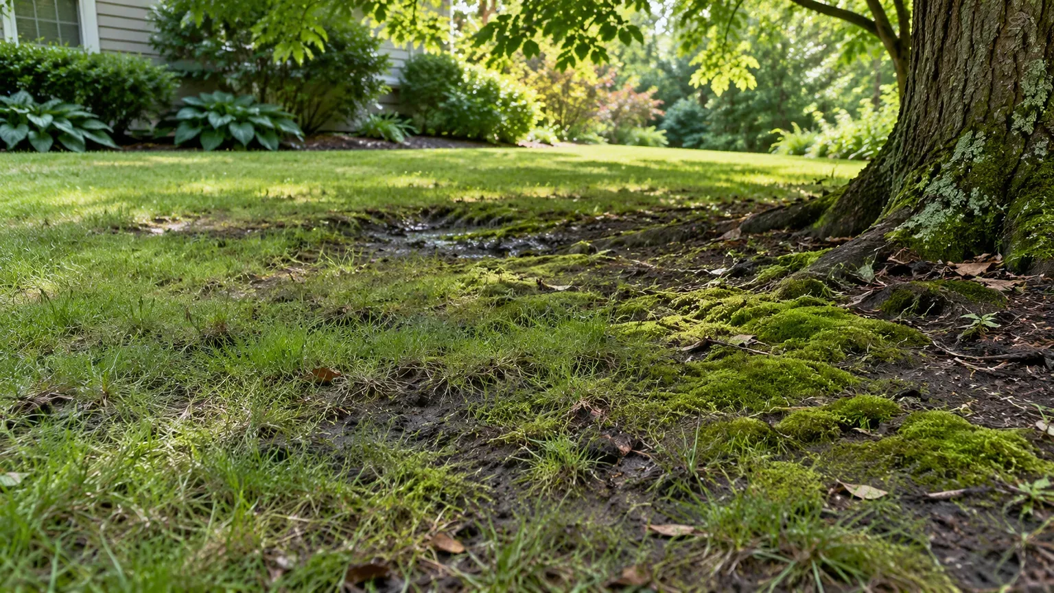 A shaded, damp lawn corner where thin grass and moss share the ground