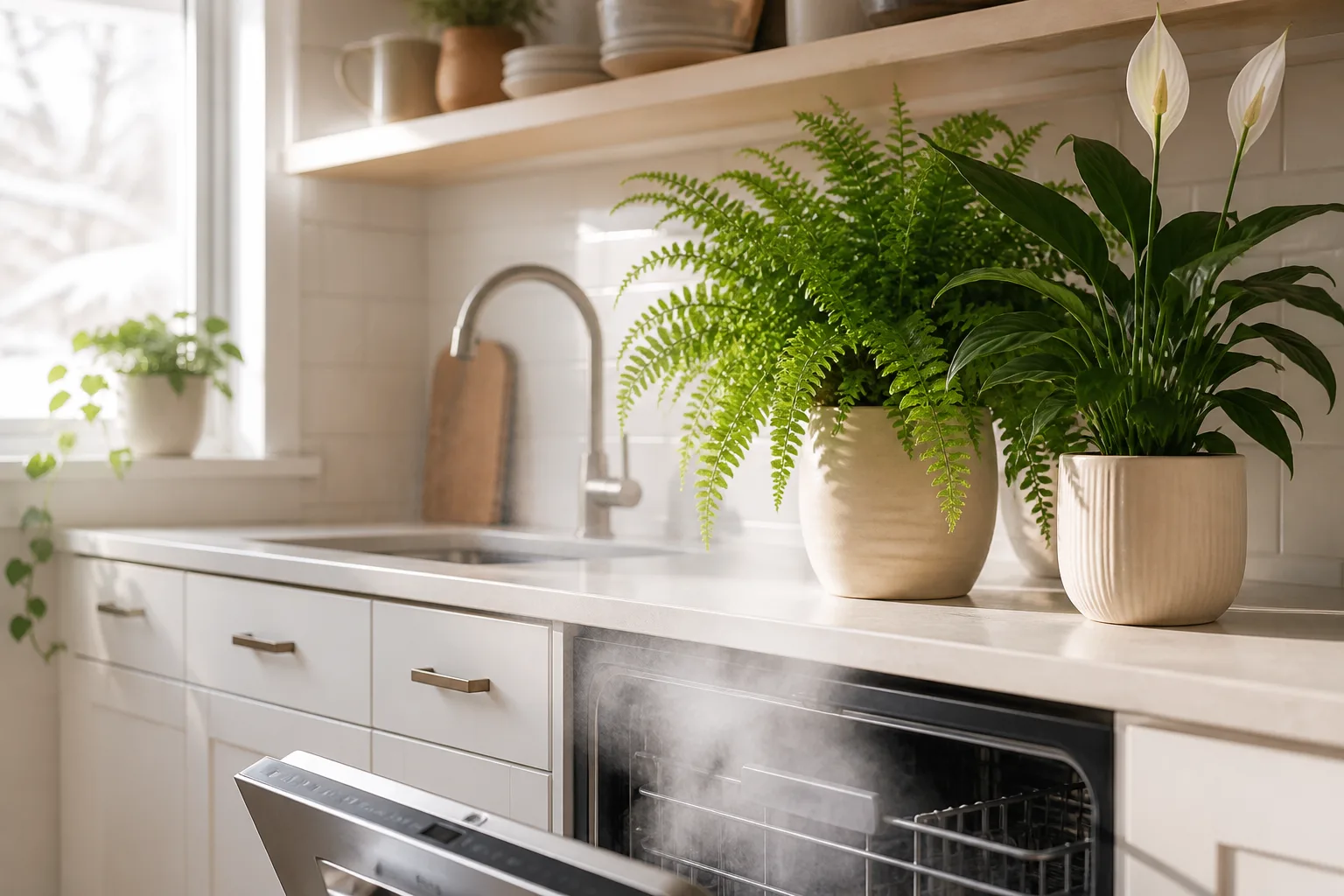 Tropical houseplants on a kitchen counter beside a dishwasher releasing gentle steam during the dry cycle