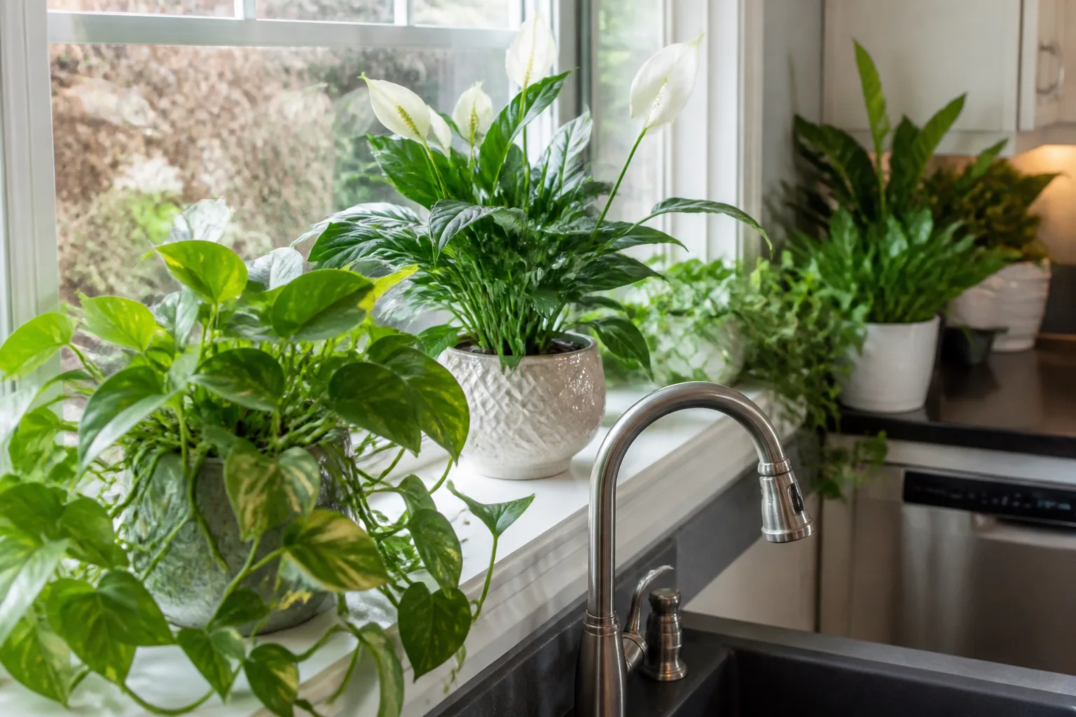 Peace lily and pothos on a bright kitchen sink windowsill near the dishwasher zone