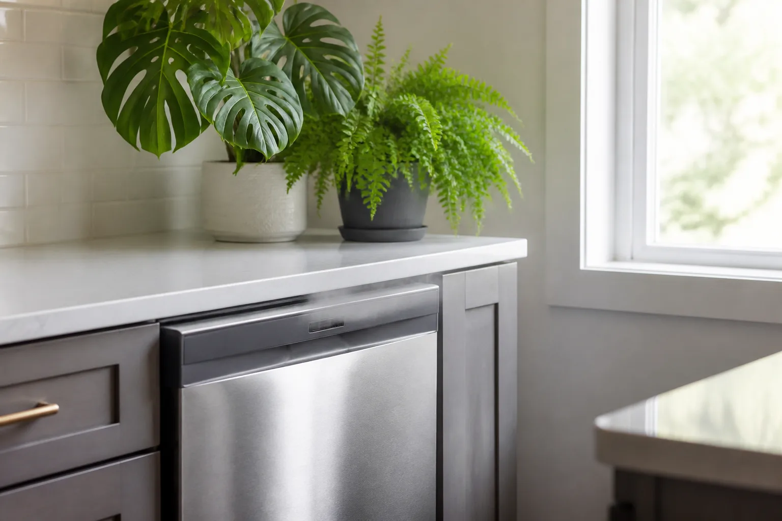 Houseplants offset safely on a kitchen counter beside a dishwasher vent during dry cycle steam release