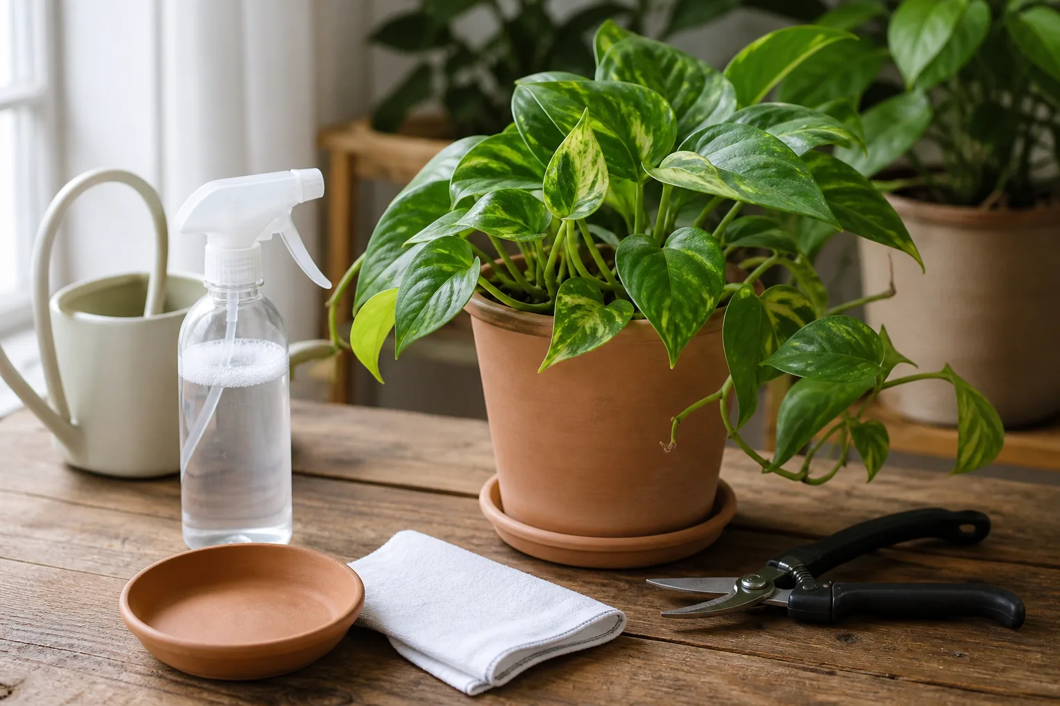 Hands isolating a distorted houseplant and checking leaf undersides before choosing a fix