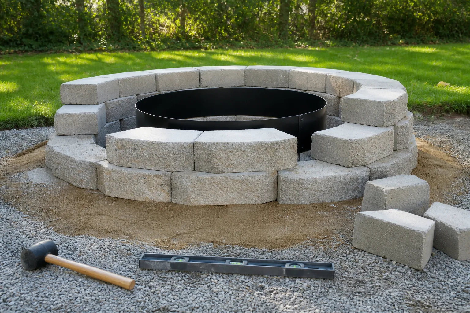 Partial circle of retaining wall blocks on leveled sand and gravel with a steel fire ring centered inside the unfinished wall