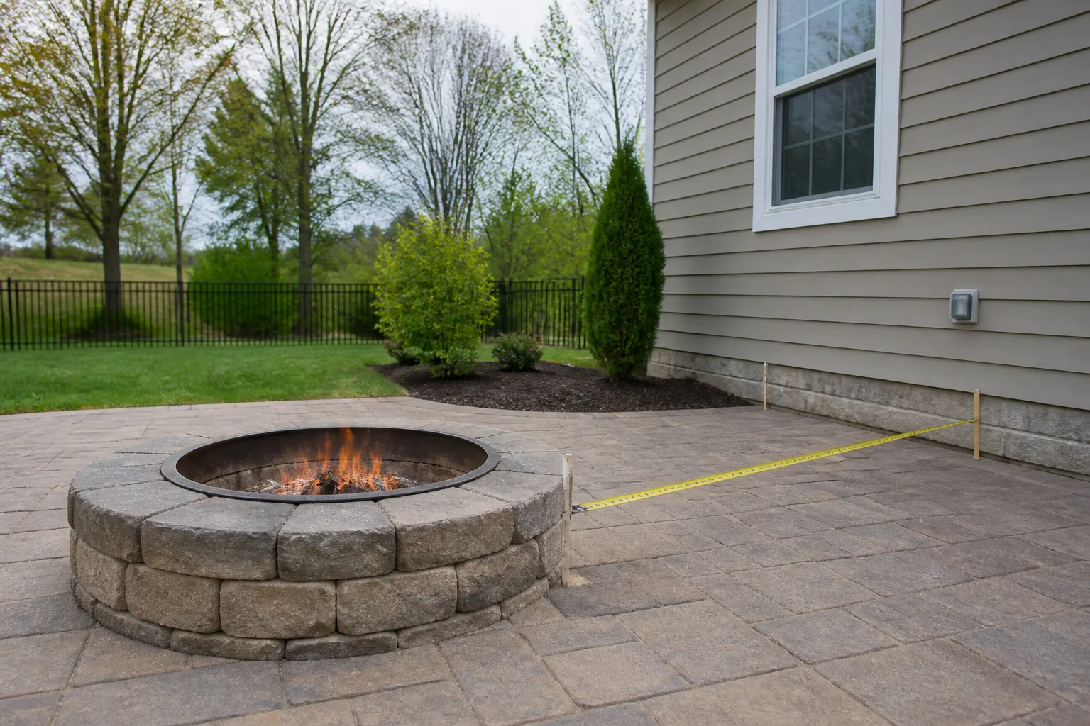 Round stone fire pit on patio pavers with open clearance space between the pit and a house exterior wall