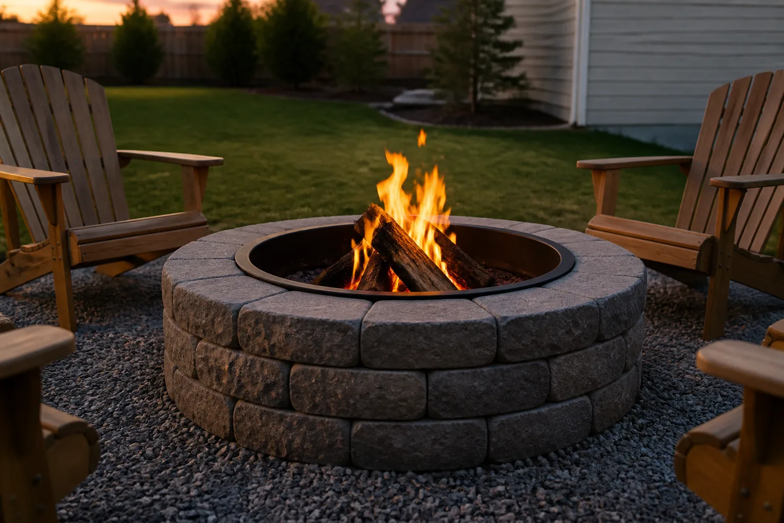 Round DIY retaining-wall block fire pit with burning logs and Adirondack chairs on gravel in a backyard at dusk