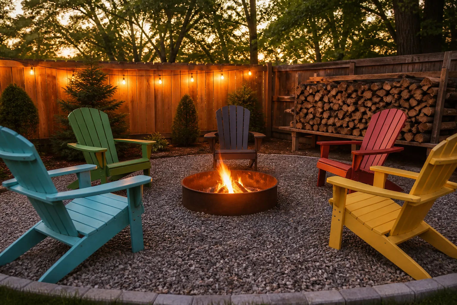 Crushed-gravel fire pit pad with metal ring, Adirondack chairs in a semicircle, and firewood stacked on a raised rack away from the pit