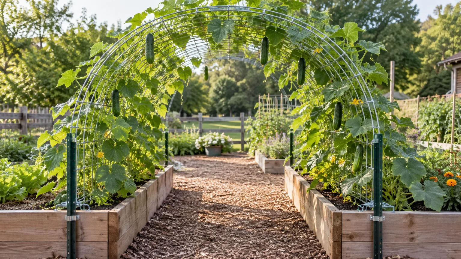 Cattle-panel arch trellis spanning a walkway between two raised beds with cucumber vines climbing overhead