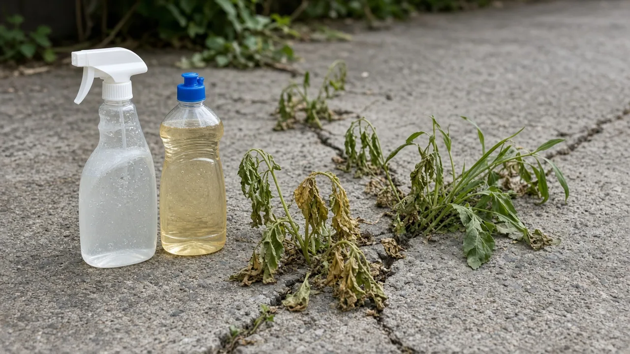 Weeds growing between outdoor pavers beside a garden sprayer