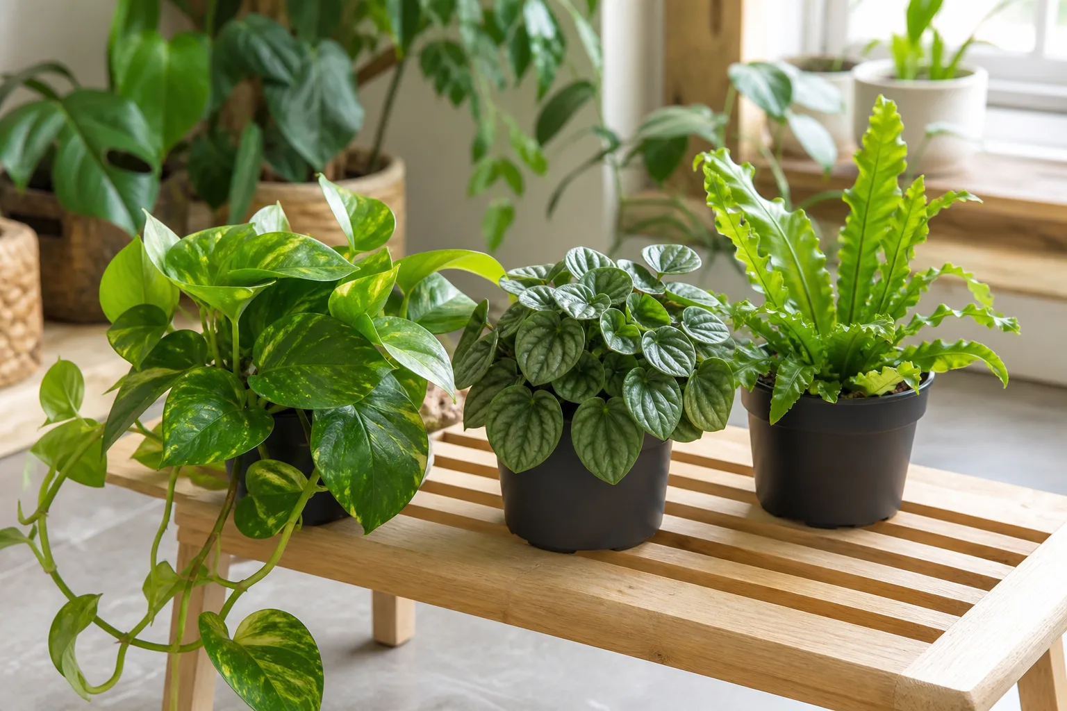 Assorted beginner plants suited to kokedama including pothos, peperomia, and a small fern