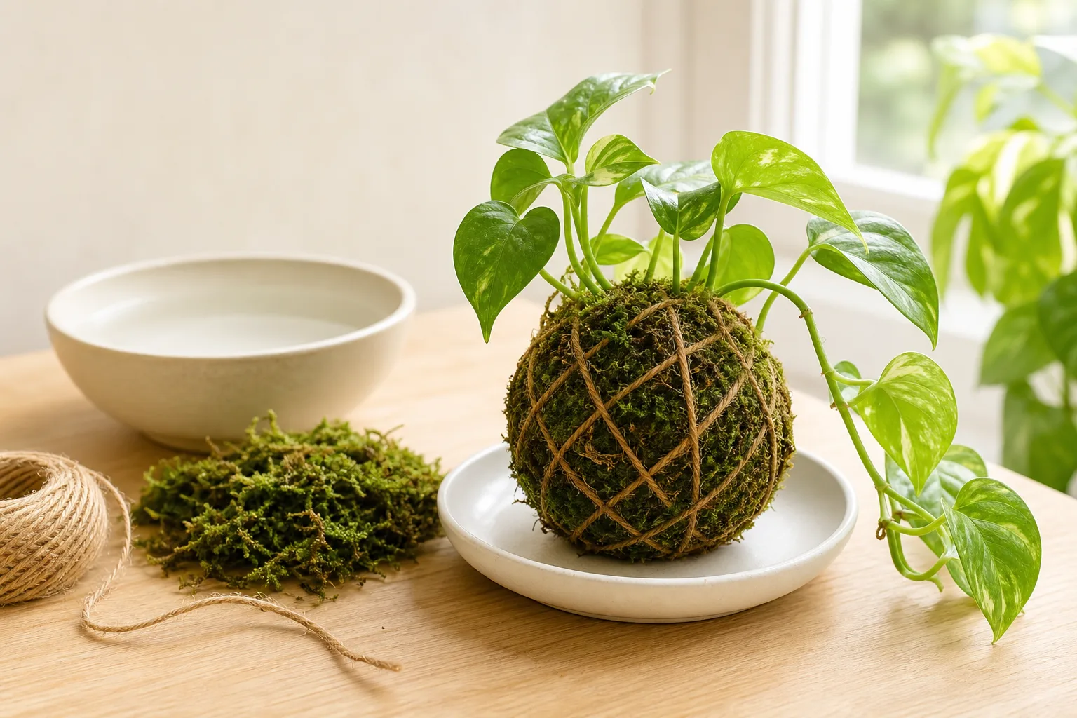 Finished DIY kokedama on a ceramic dish beside moss, twine, and a bowl of soak water