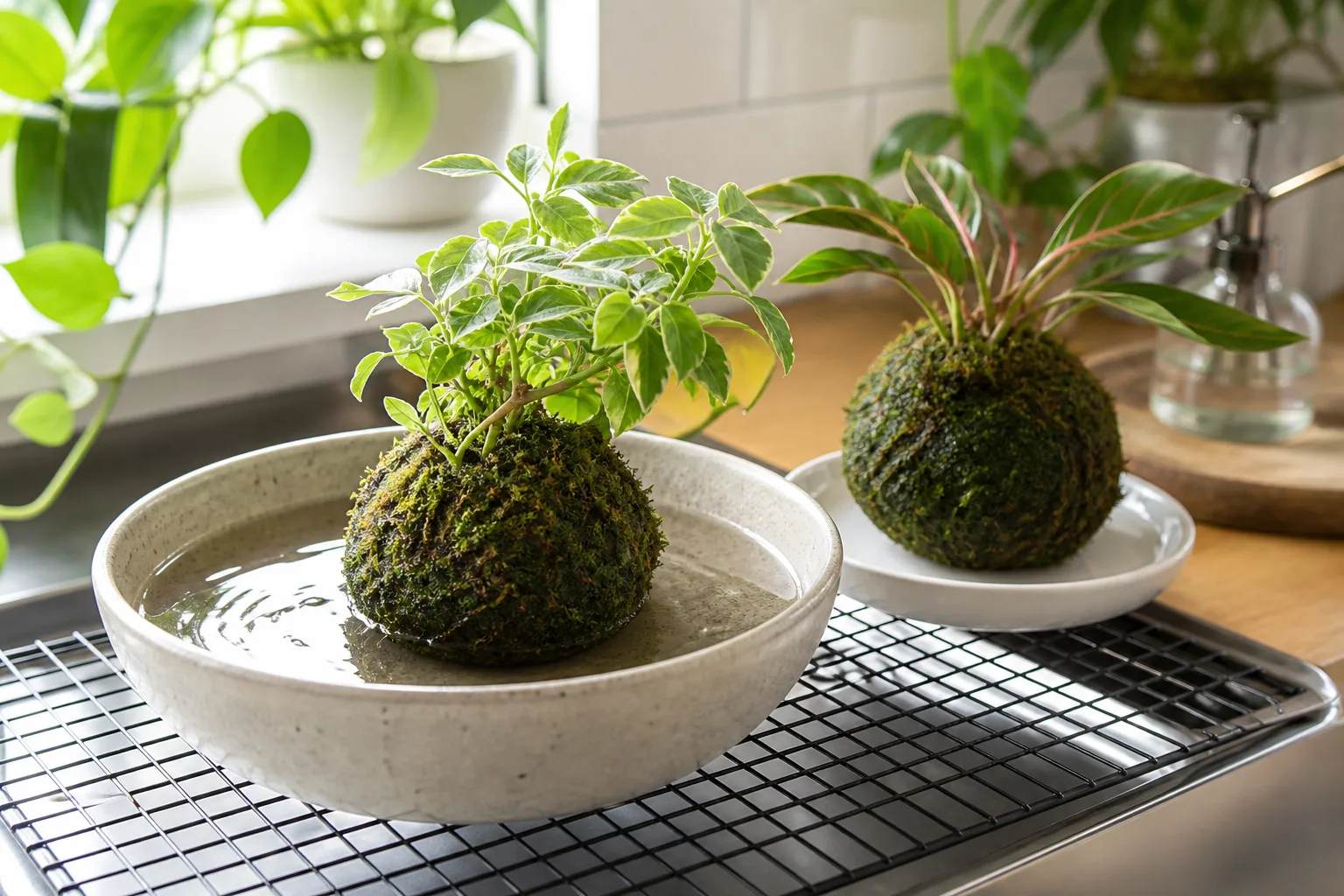 Kokedama soaking in a bowl of water on a drain rack beside a finished moss ball on a ceramic dish