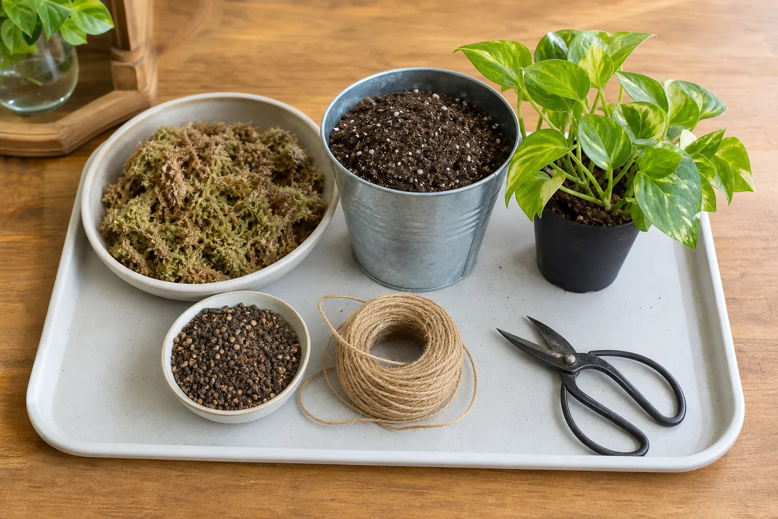 Kokedama materials laid out: sheet moss, peat-free mix, bonsai soil, jute twine, scissors, and a small potted plant