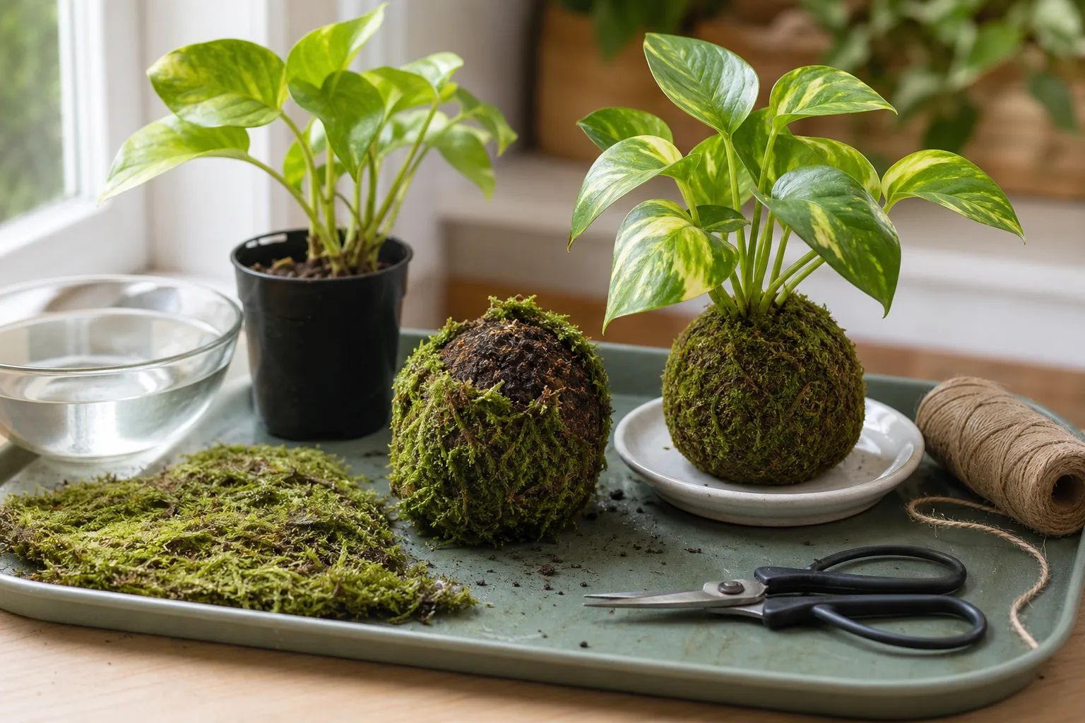 Six-step kokedama build: moss soak, root prep, soil ball, moss wrap, string tie-off, and finished dish display