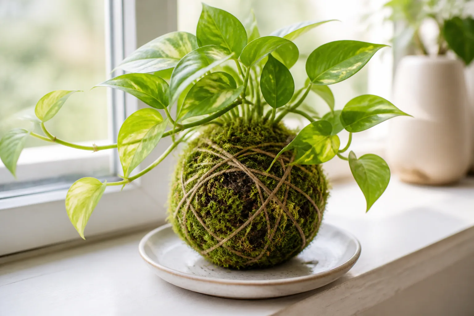 Cross-section diagram of a kokedama showing soil core, moss wrap, and jute string
