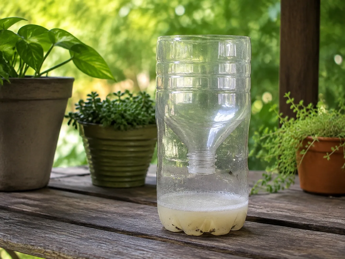 A yeast-and-sugar bottle mosquito trap with an inverted top sits in a shaded outdoor spot.