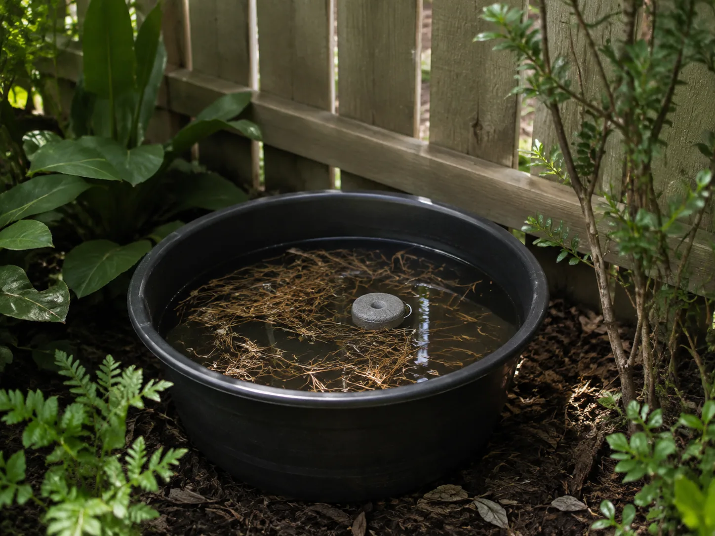 A dark bucket mosquito trap with shallow water, leaf litter, and a plainly marked larval-control dunk in a shaded garden location.